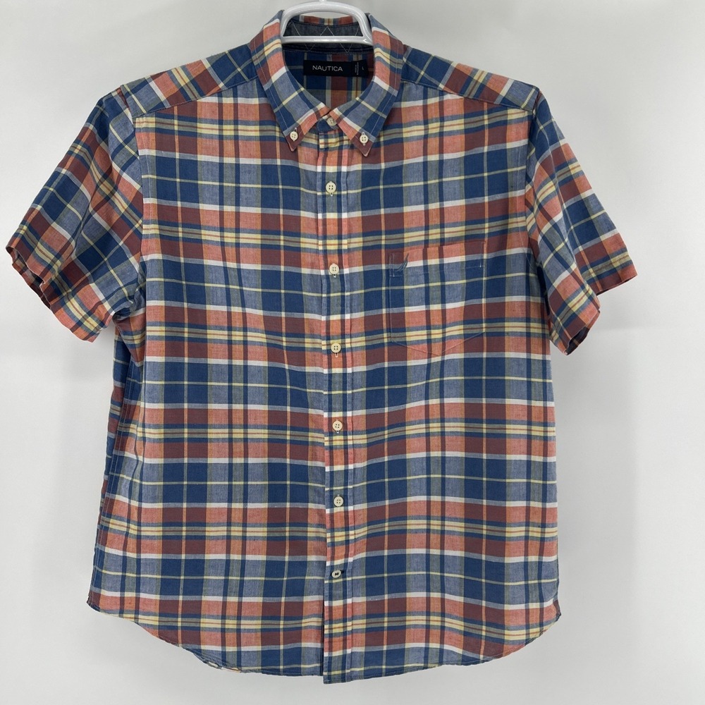 Nautica Linen Shirt Men's Large Madras Plaid Classic Short Sleeve Logo Summer